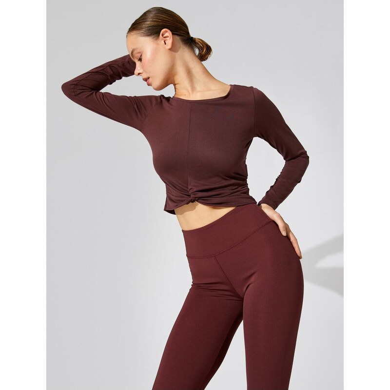 Koton Crop Yoga T-Shirt Twirl Detailed Long Sleeve Modal Blended Silky Textured