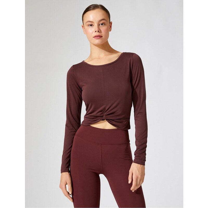 Koton Crop Yoga T-Shirt Twirl Detailed Long Sleeve Modal Blended Silky Textured