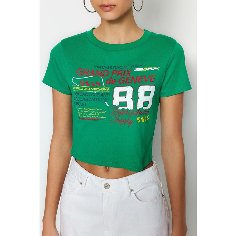 Trendyol Green 100% Cotton Slogan Printed Fitted Crop Knitted T-Shirt