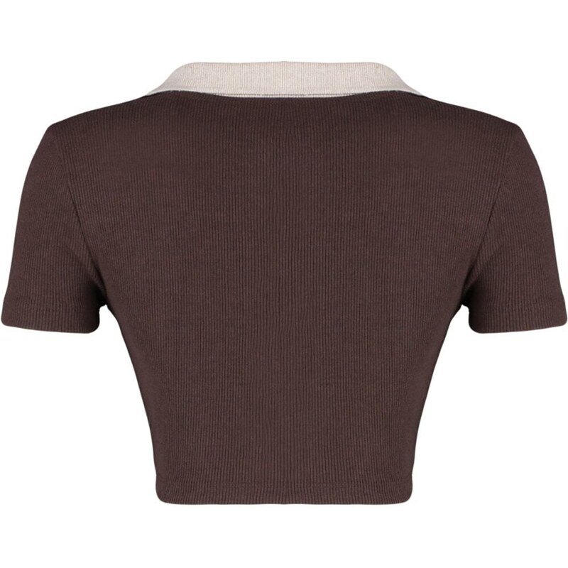 Trendyol Brown Fitted Polo Neck Crop Ribbed Stretch Knitted Blouse