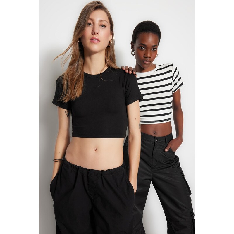 Trendyol Premium Black-Ecru Black Striped 2 Pack Viscose Crop Stretchy Knitted Blouse