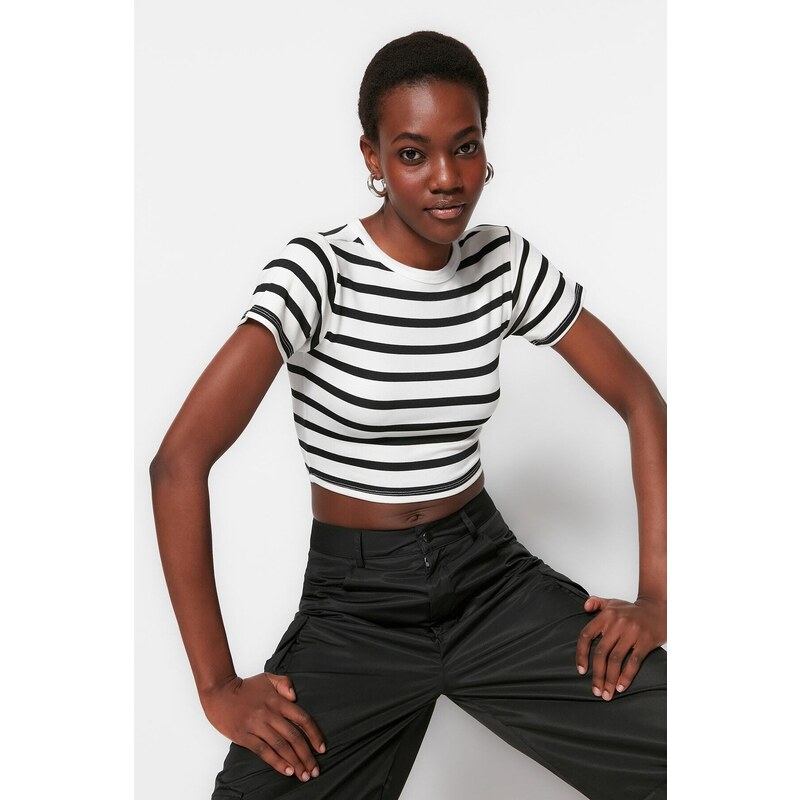 Trendyol Premium Black-Ecru Black Striped 2 Pack Viscose Crop Stretchy Knitted Blouse