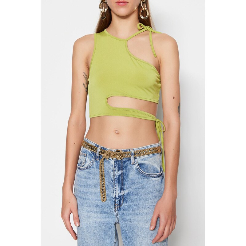 Trendyol Oil Green Crop Knitted Window/Cut Out Detailed Blouse