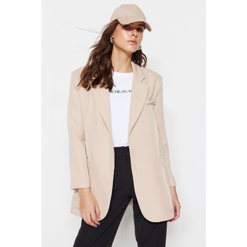 Trendyol Beige Buttoned Blazer Woven Lined Jacket