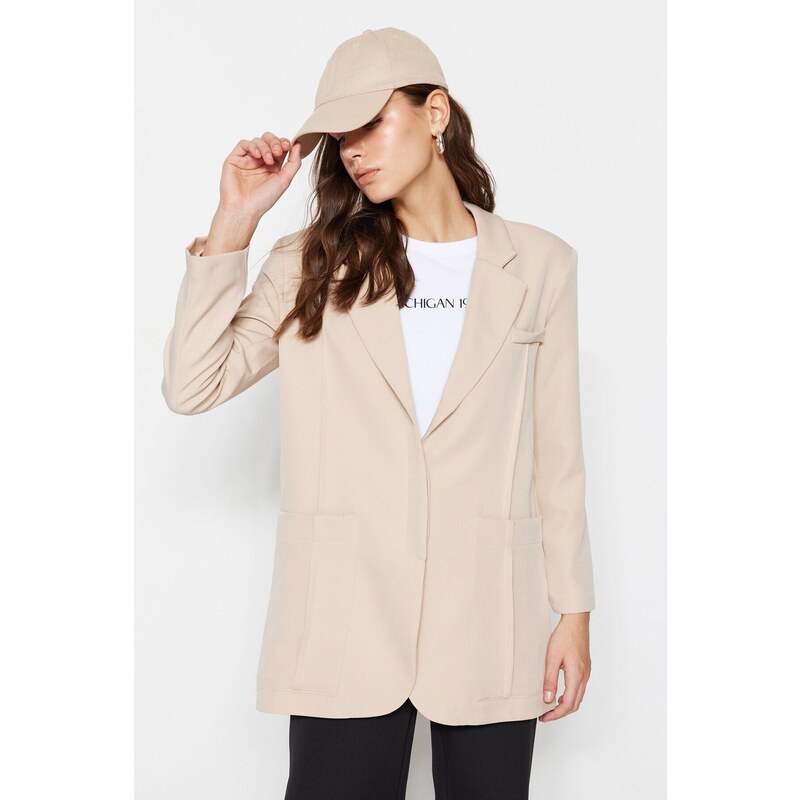 Trendyol Beige Buttoned Blazer Woven Lined Jacket