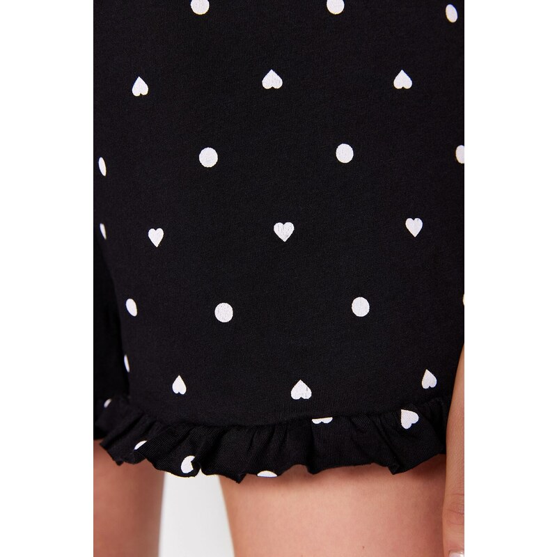Trendyol Black 100% Cotton Polka Dot and Heart Patterned Ruffle Detailed Knitted Overalls