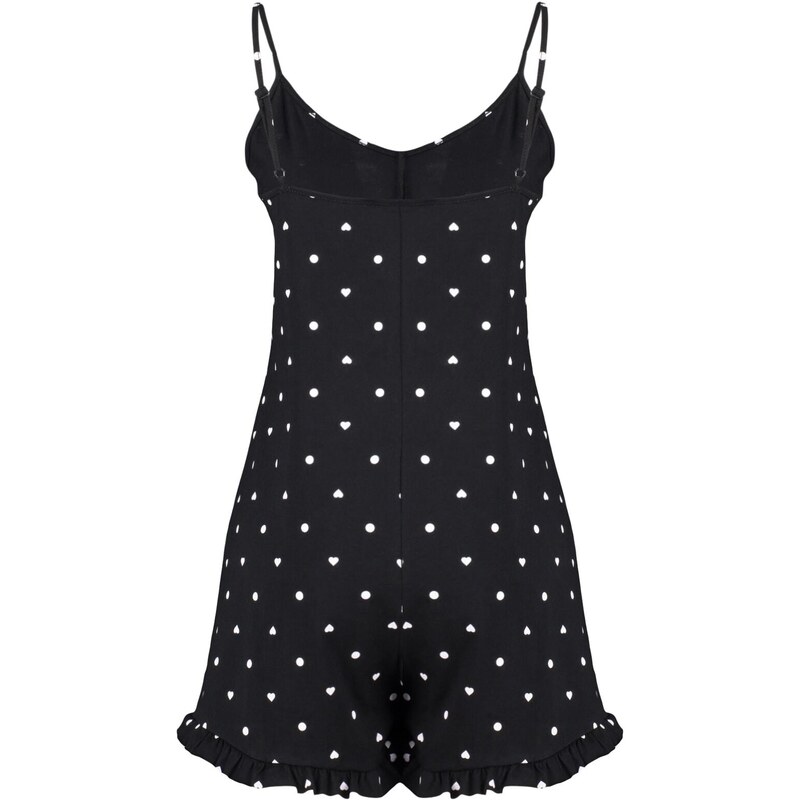 Trendyol Black 100% Cotton Polka Dot and Heart Patterned Ruffle Detailed Knitted Overalls