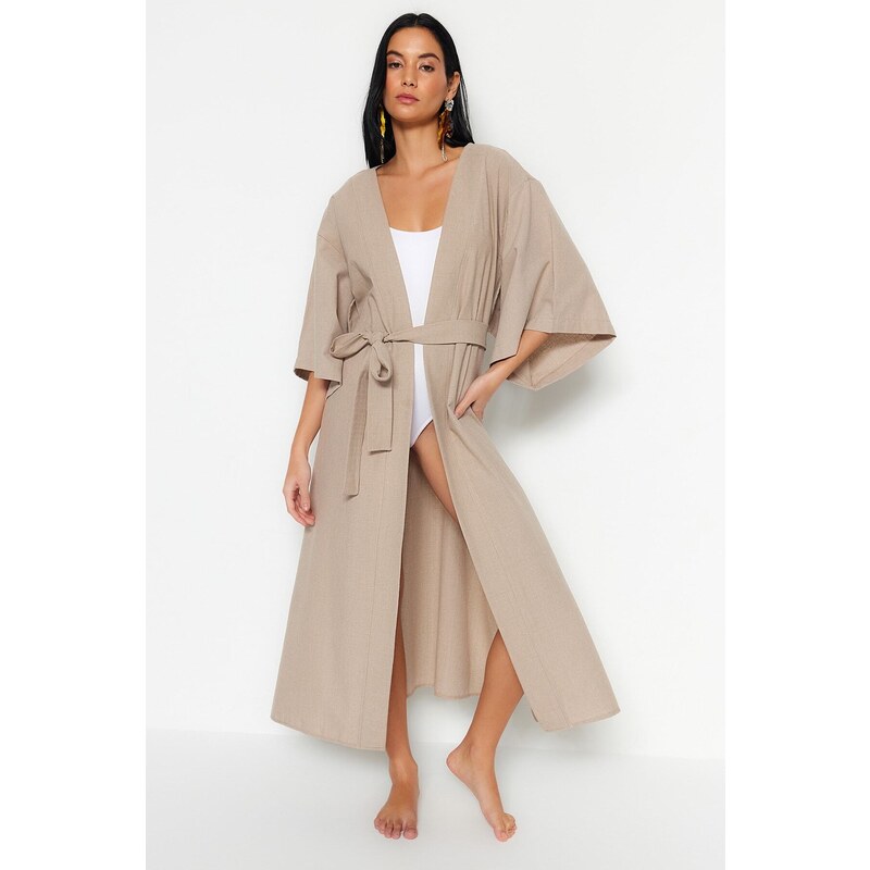 Trendyol Beige Belted Maxi Woven Linen Look Kimono & Kaftan