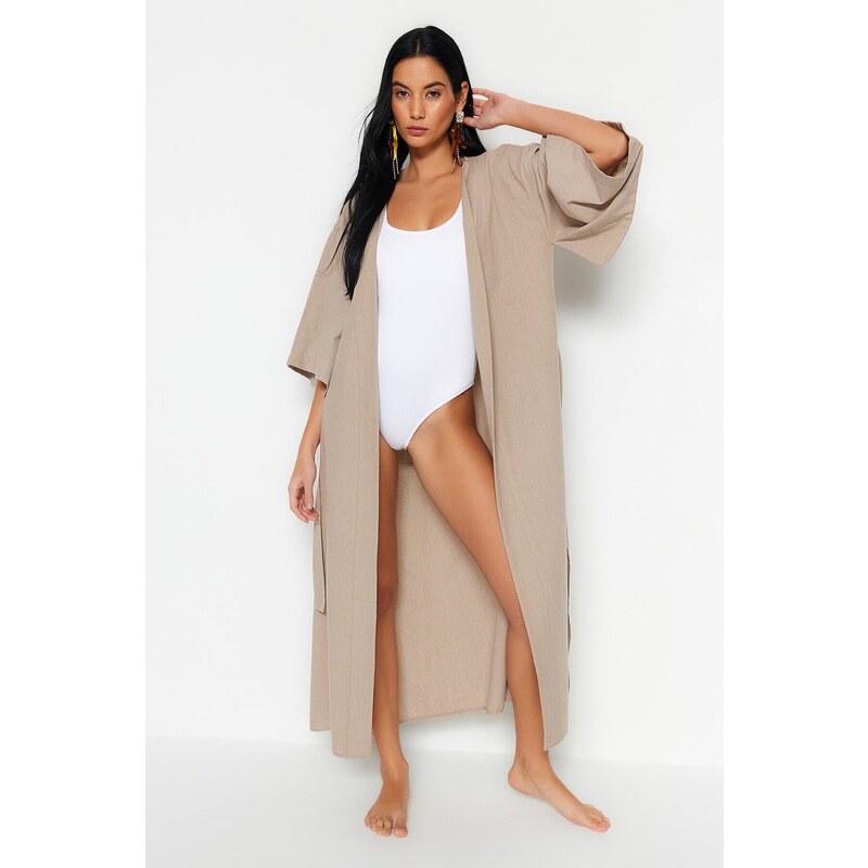 Trendyol Beige Belted Maxi Woven Linen Look Kimono & Kaftan