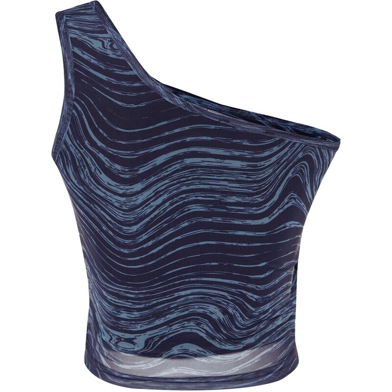 Trendyol Navy Blue Printed Knitted Blouse with Fitted/Sticky Tulle Crop and Lined