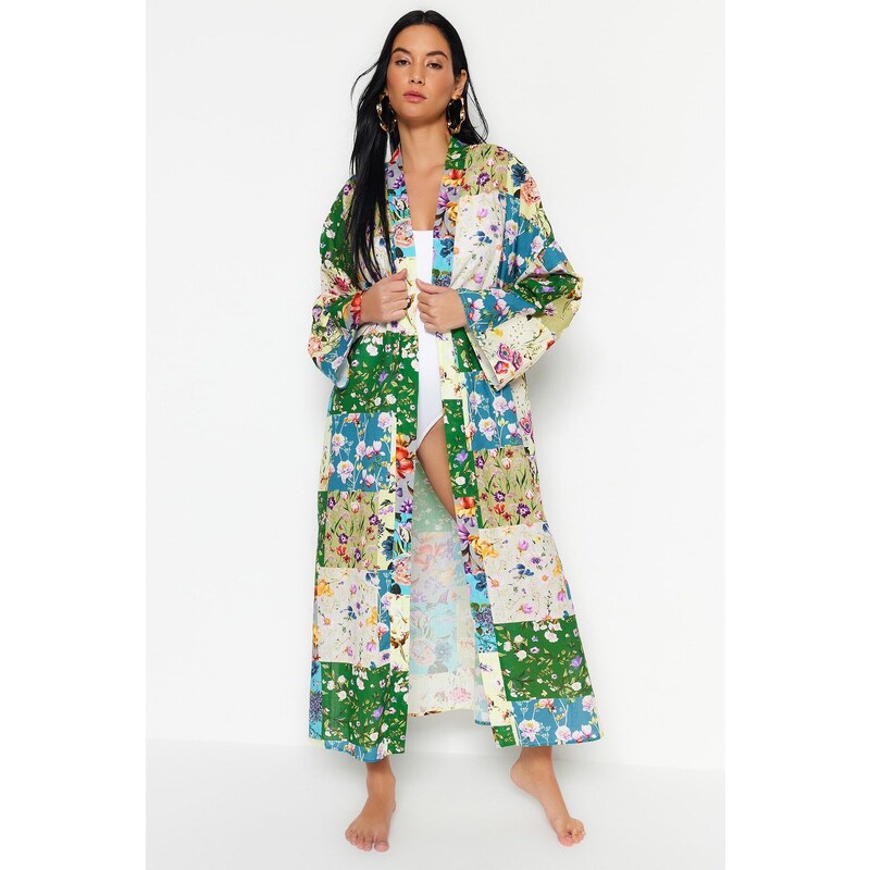 Trendyol Floral Pattern Belted Maxi-Weave 100% Cotton Kimono & Caftan