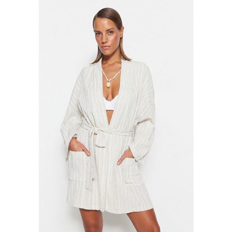 Trendyol Bridal Ecru Belted Mini Woven Linen Blended Kimono & Kaftan