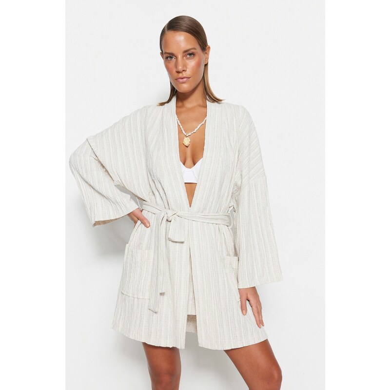 Trendyol Bridal Ecru Belted Mini Woven Linen Blended Kimono & Kaftan