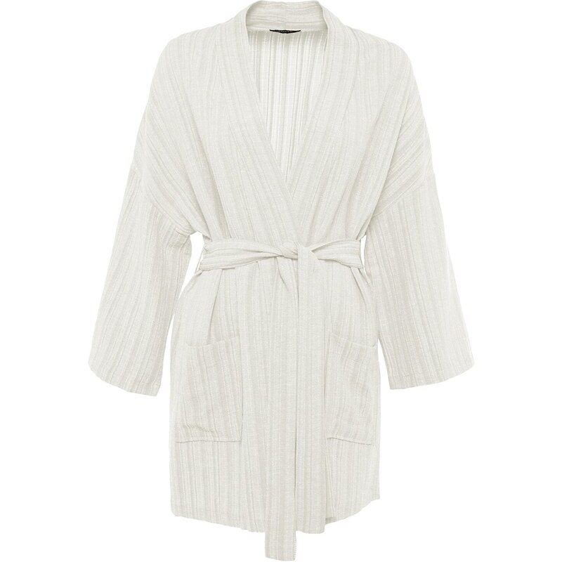 Trendyol Bridal Ecru Belted Mini Woven Linen Blended Kimono & Kaftan