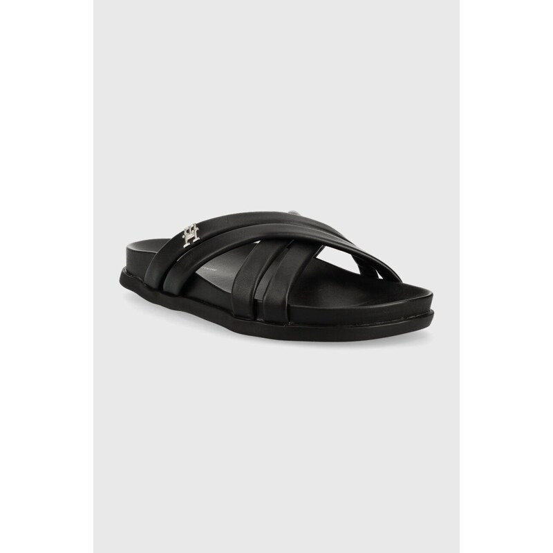 Kožené pantofle Tommy Hilfiger STRAP FEMININE SANDAL dámské, černá barva