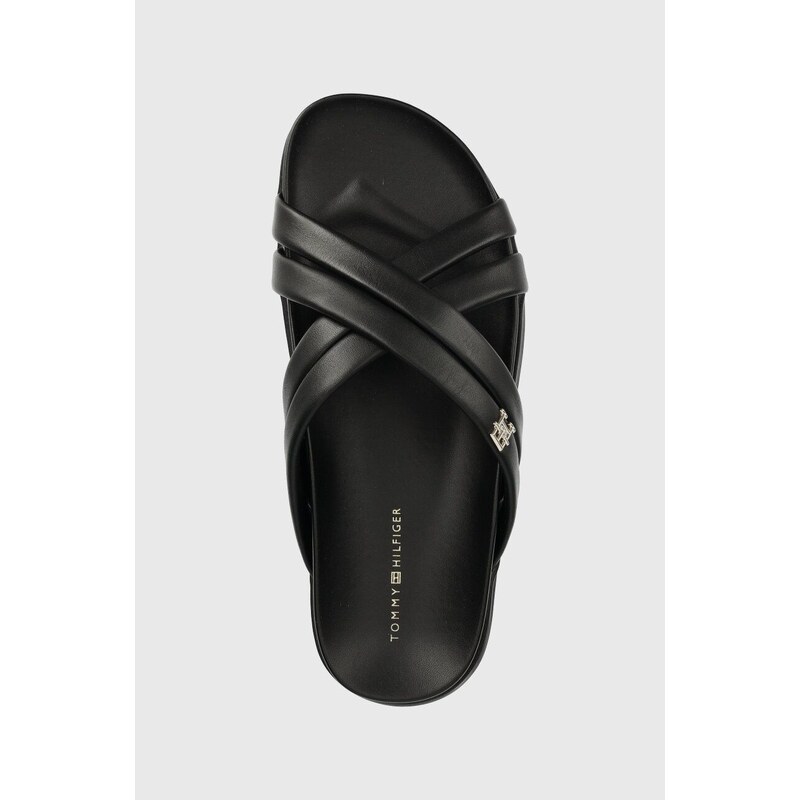 Kožené pantofle Tommy Hilfiger STRAP FEMININE SANDAL dámské, černá barva