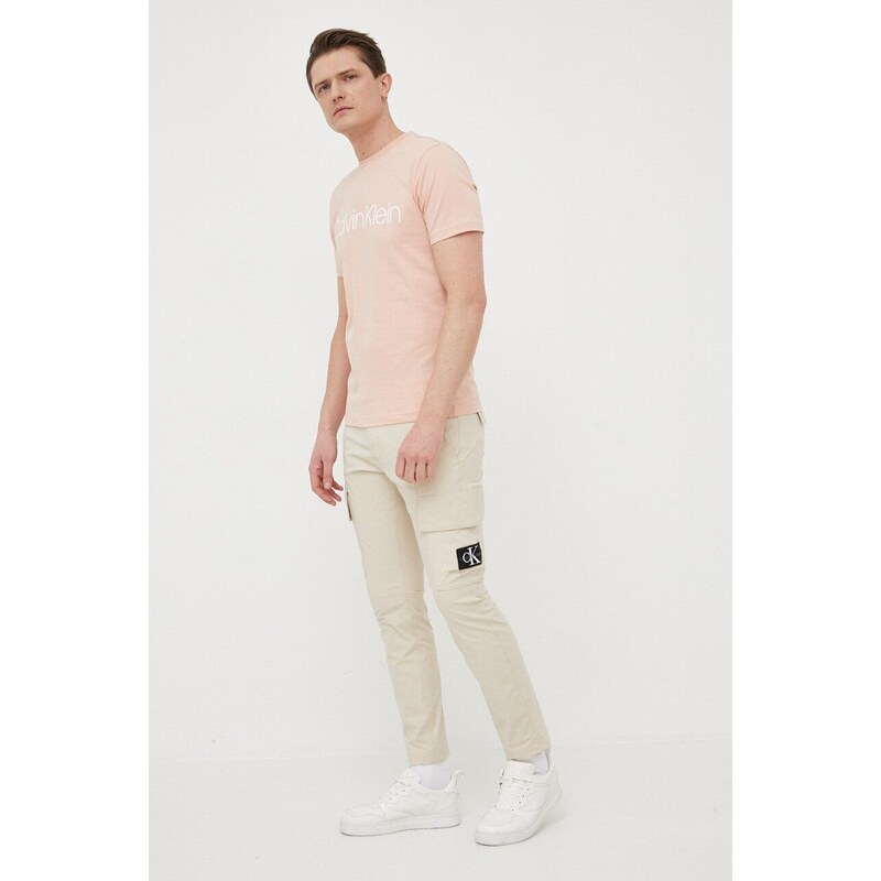 Kalhoty Calvin Klein Jeans pánské, béžová barva, jednoduché