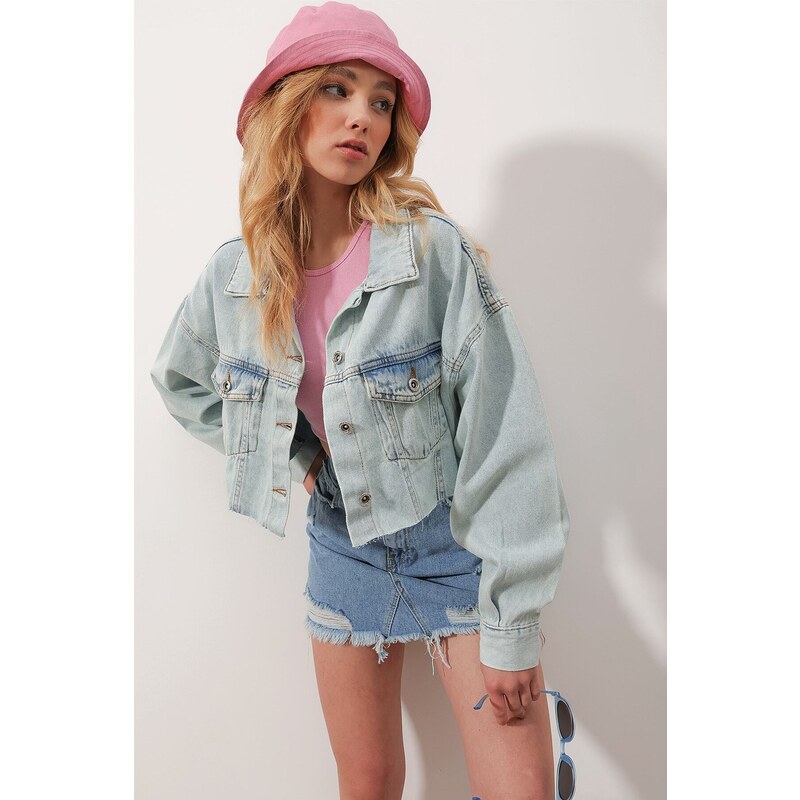 Trend Alaçatı Stili Dámské Modré Dvojitá Kapsa Laser Cut Crop Jean Jacket