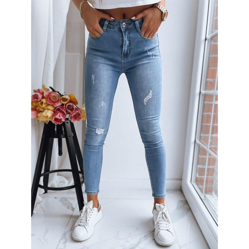 BASIC MODRÉ DŽÍNY S DĚROVÁNÍM BLUE JEANS Denim vzor