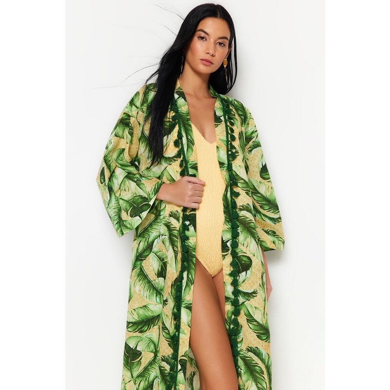 Trendyol Tropical Patterned Belted Midi Woven Kimono & Kaftan 100% Cotton with Tassels