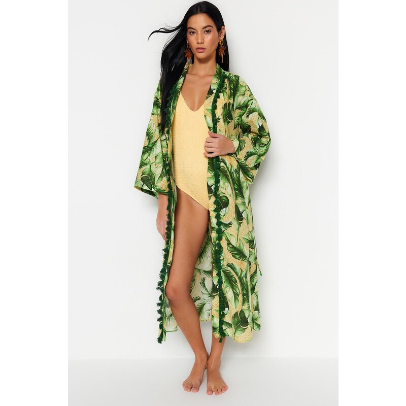 Trendyol Tropical Patterned Belted Midi Woven Kimono & Kaftan 100% Cotton with Tassels