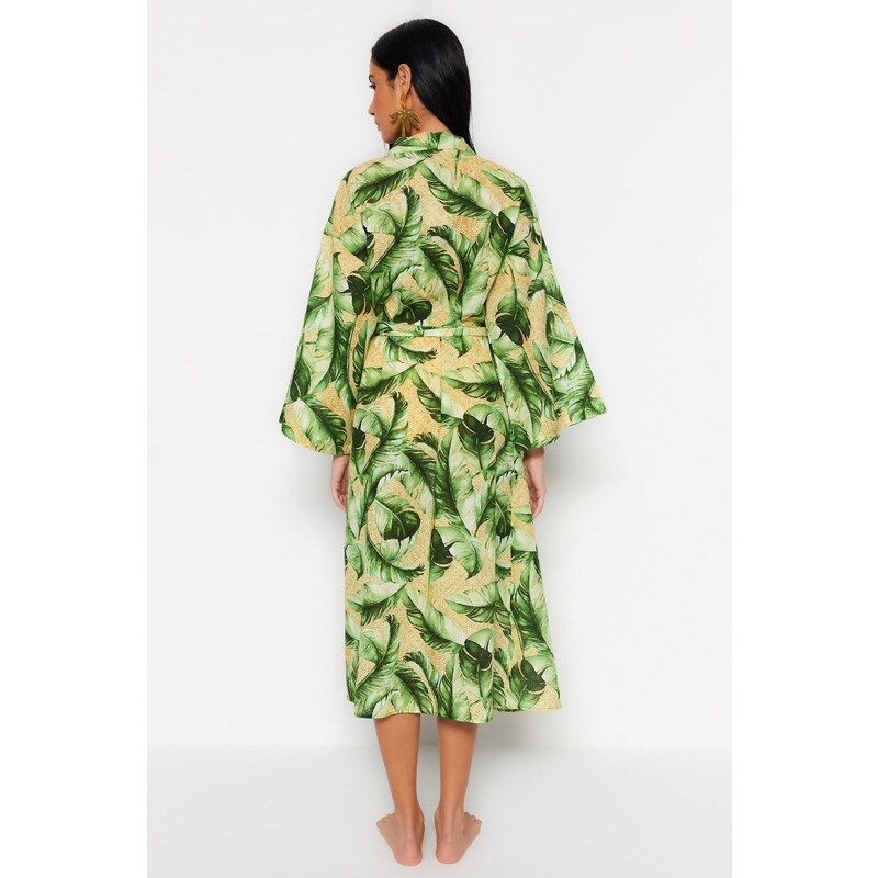 Trendyol Tropical Patterned Belted Midi Woven Kimono & Kaftan 100% Cotton with Tassels