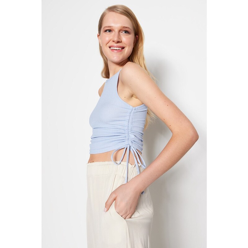 Trendyol Light Blue Shirring Detail Crescent Fabric Crop Knitted Blouse