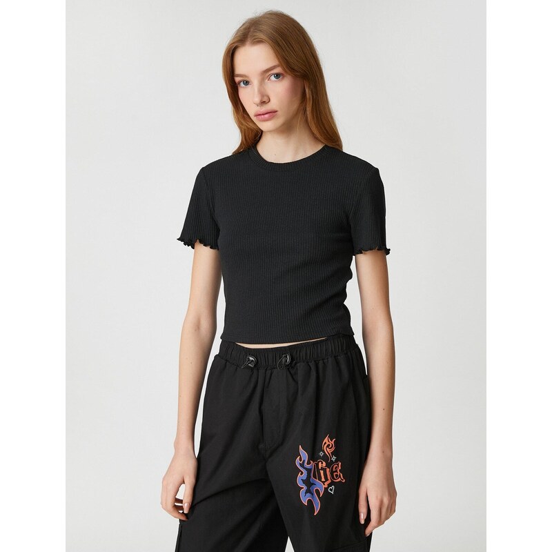 Koton Crop T-Shirt Short Sleeves Crew Neck Textured