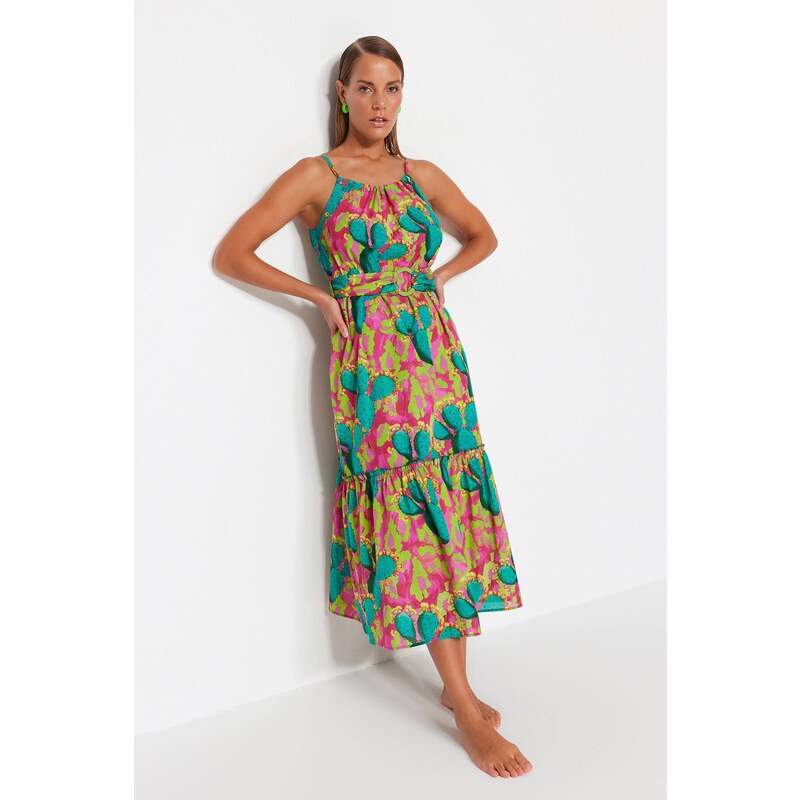 Trendyol Floral Patterned Midi-Weave 100% Cotton Beach Dress