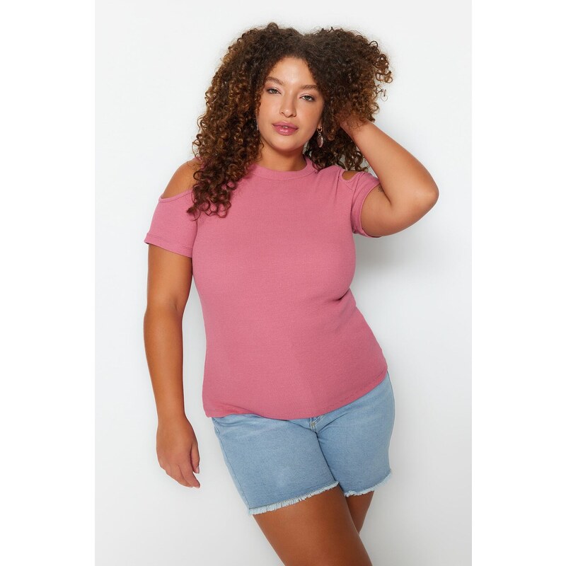Trendyol Curve Pink Ribbed Knitted Cut Out Detailed Blouse