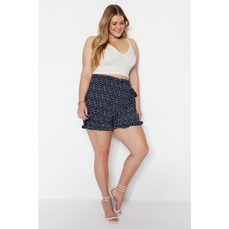 Trendyol Curve Navy Blue Floral Patterned Woven Tie Shorts Skirt 107057362