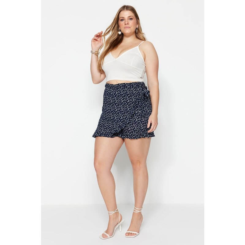 Trendyol Curve Navy Blue Floral Patterned Woven Tied Shorts Skirt