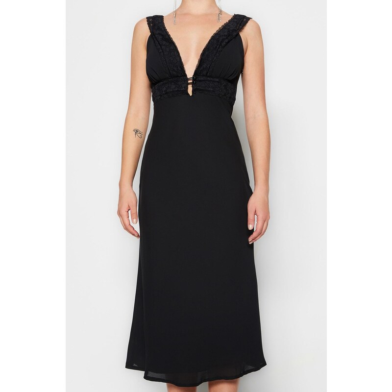 Trendyol černé lemované tkané elegantní večerní šaty
