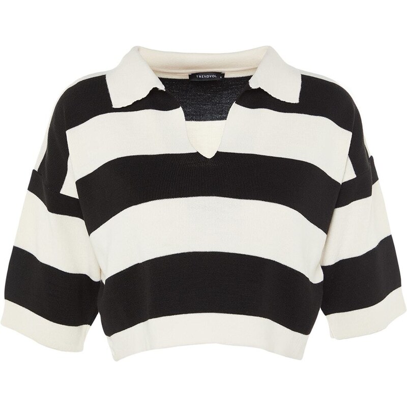 Trendyol Black Crop Polo Neck Základní pruhované pletené tričko