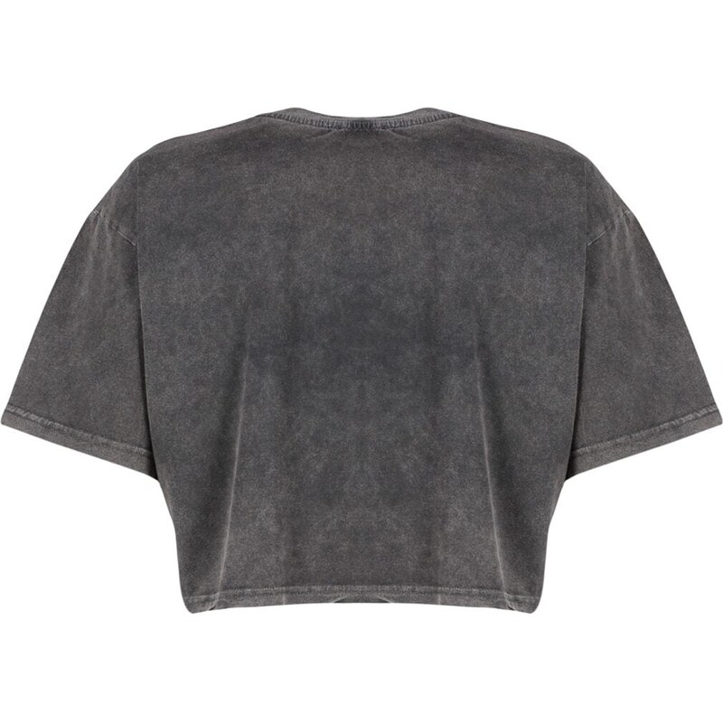 Trendyol Anthracite 100% Cotton Faded Effect Printed Crop Crew Neck Knitted T-Shirt