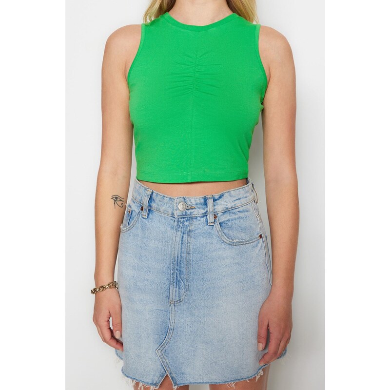 Trendyol Green Shirred Detail Fitted/Simple Crop Crew Neck Stretchy Cotton Knitted Blouse