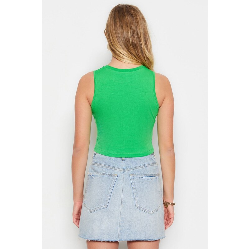 Trendyol Green Shirred Detail Fitted/Simple Crop Crew Neck Stretchy Cotton Knitted Blouse