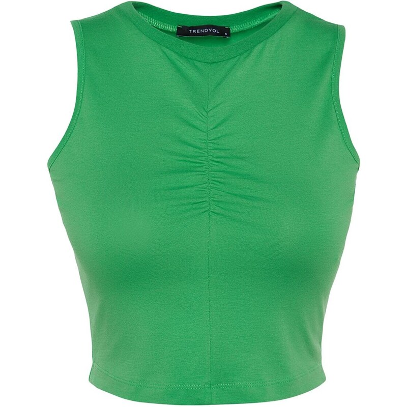 Trendyol Green Shirred Detail Fitted/Simple Crop Crew Neck Stretchy Cotton Knitted Blouse