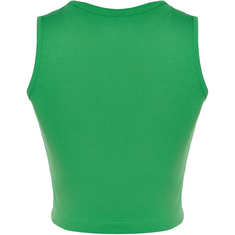 Trendyol Green Shirred Detail Fitted/Simple Crop Crew Neck Stretchy Cotton Knitted Blouse