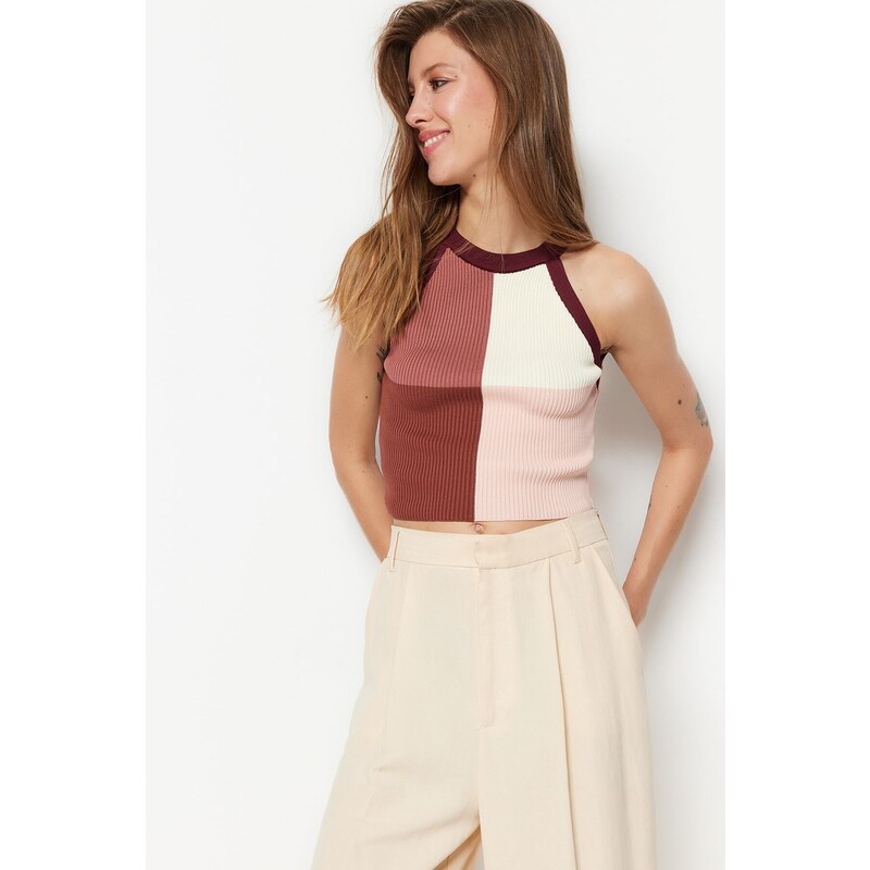 Trendyol Plum Crop Color Block Knitwear Blouse