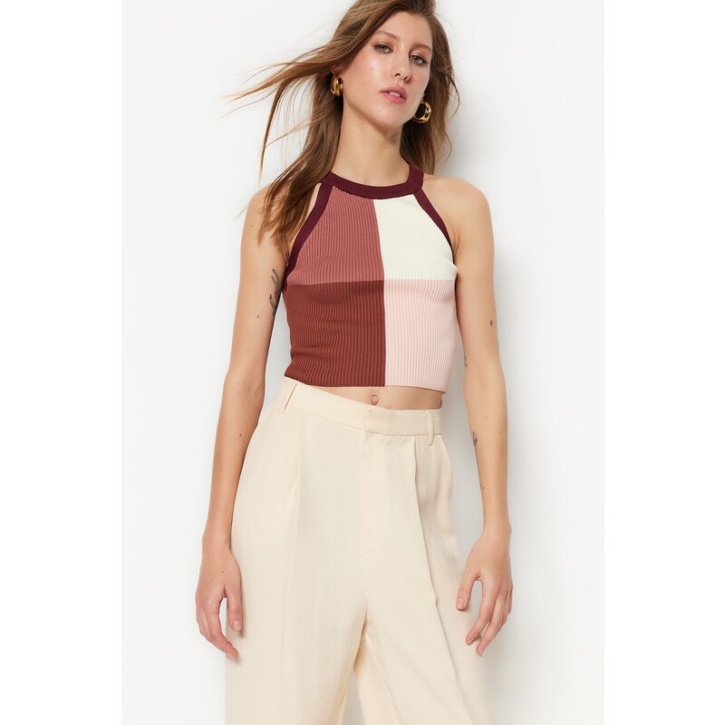 Trendyol Plum Crop Color Block Knitwear Blouse