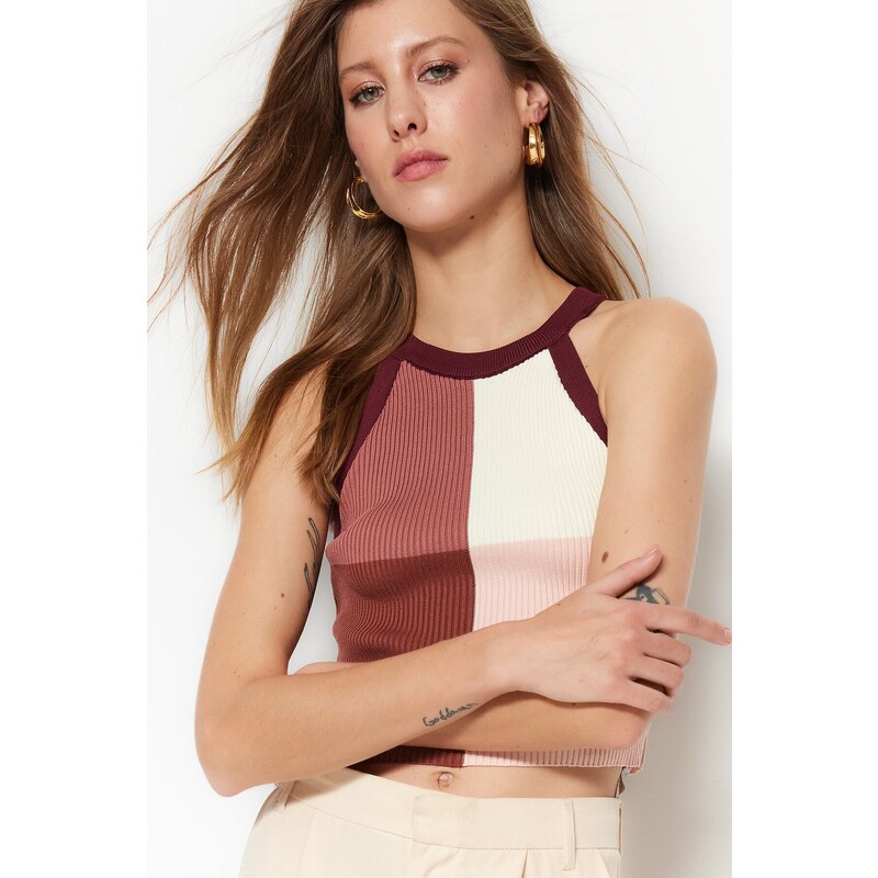 Trendyol Plum Crop Color Block Knitwear Blouse