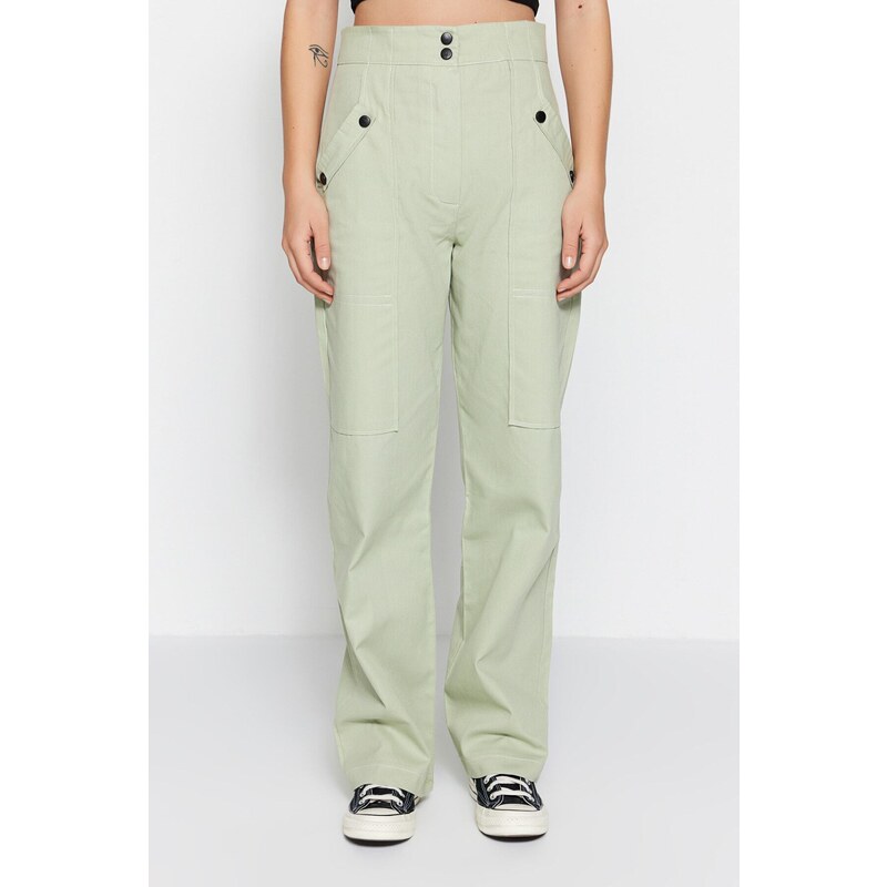 Trendyol Light Khaki Cargo tkané knoflíkové detailní bavlněné kalhoty 107063332