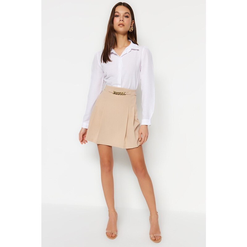 Trendyol Beige Chain Detailed A-line High Waist Mini Smart Crepe Knitted Skirt