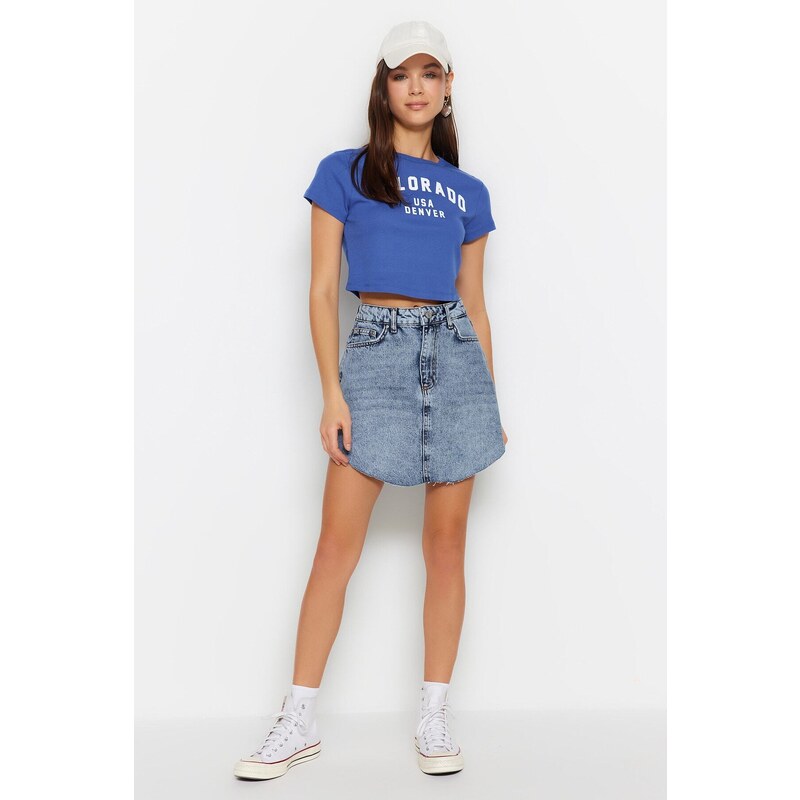 Trendyol Blue Asymmetrical High Waist Denim Skirt