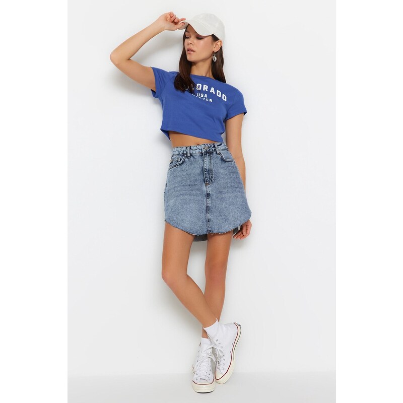 Trendyol Blue Asymmetrical High Waist Denim Skirt