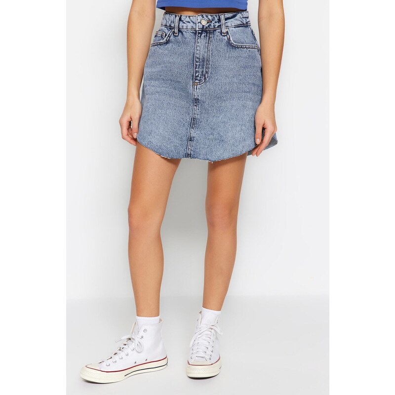 Trendyol Blue Asymmetrical High Waist Denim Skirt