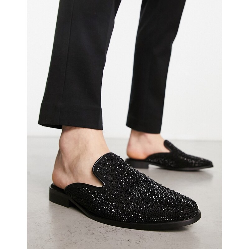 London Rebel X rhinestone mule loafers in black