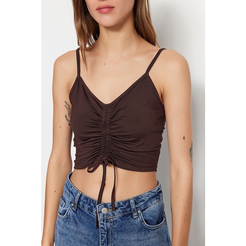 Trendyol Brown Knitted Blouse with Shirring Detail, Fitted/Skinned V-Neck and Crop