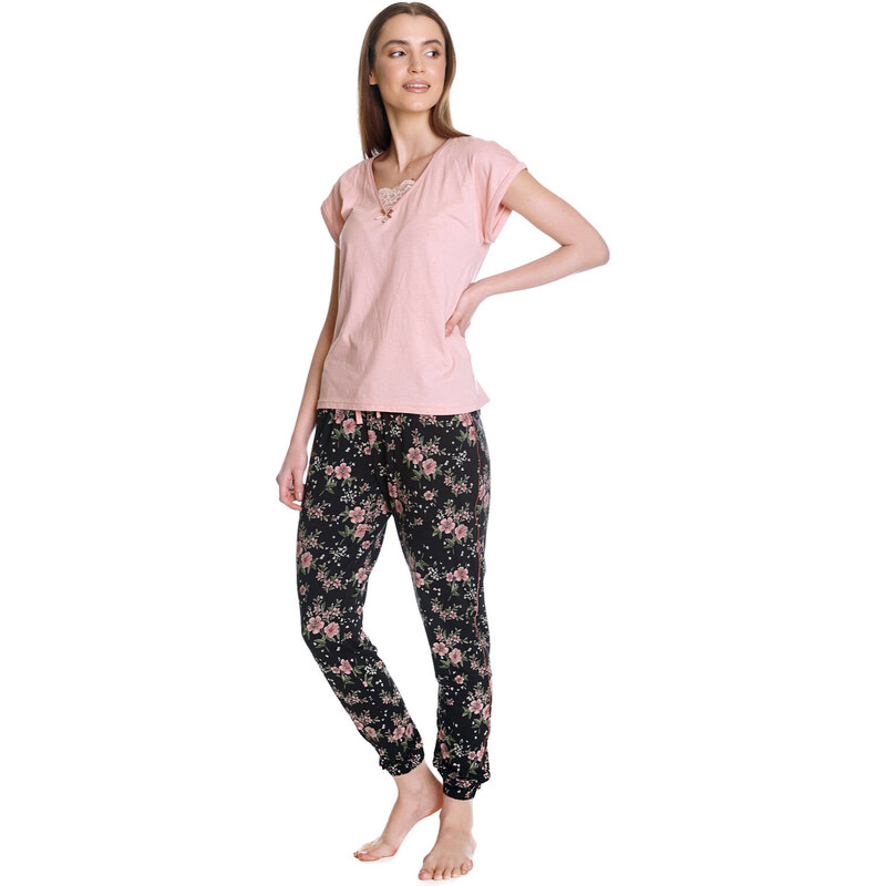 Hibiscus Dream - světle růžové/černé dámské pyžamo Vive Maria